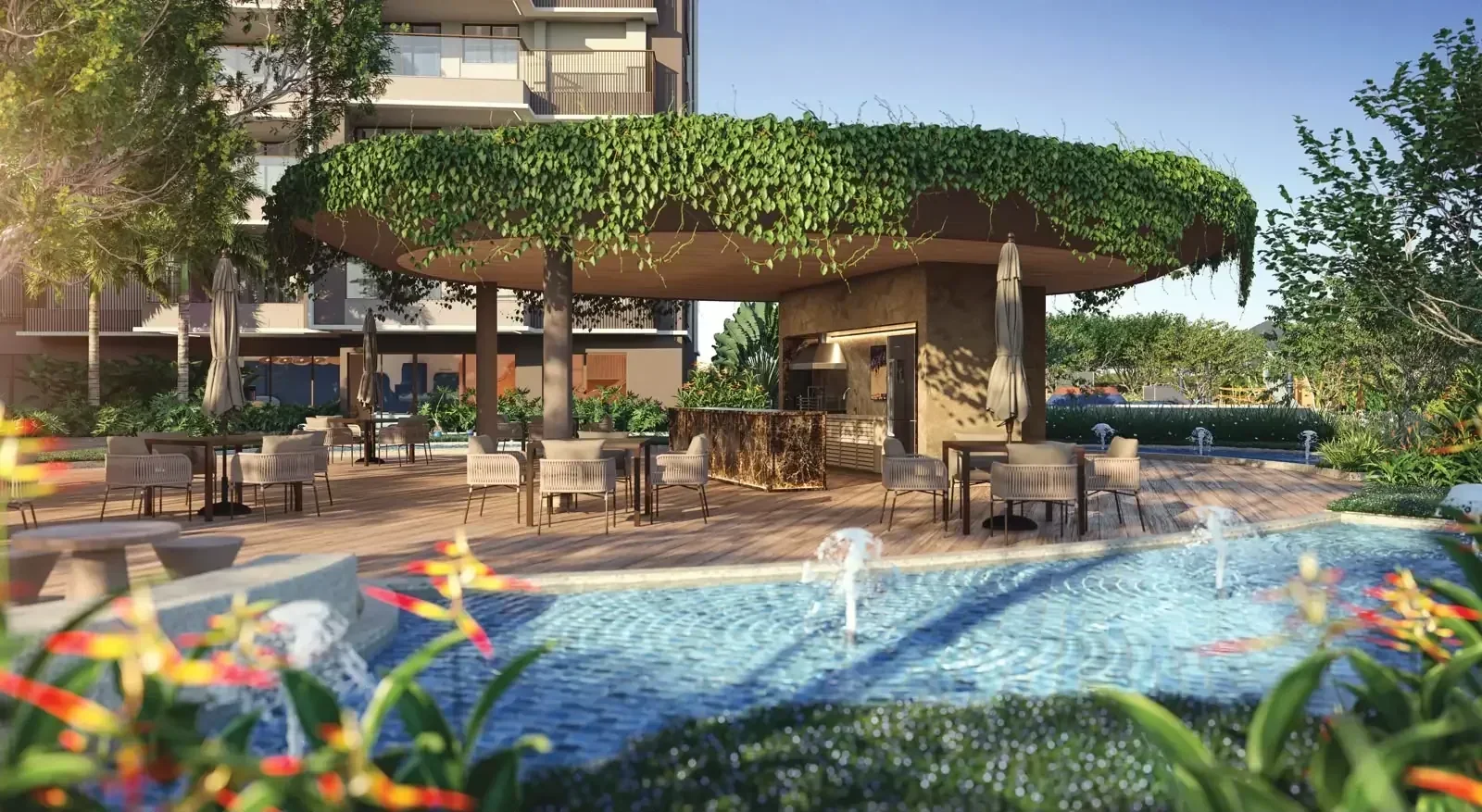 Lounge com pergolado na piscina do Endless Península (referência de lazer)