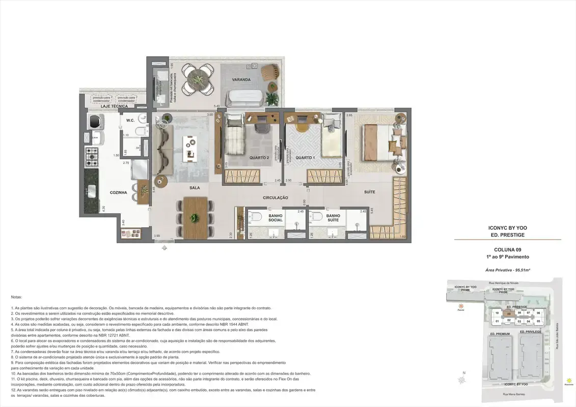 Planta ilustrativa · Apartamento 3 quartos, andares 1 ao 9, 95m²