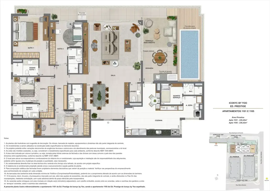 Planta ilustrativa · Cobertura linear 4 suítes, 11º andar, 236m²