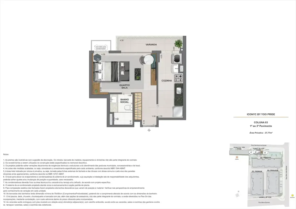Planta ilustrativa · Studio, andares 1 ao 3, 37m²