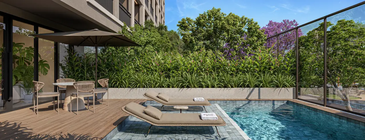 Ilustração artística do terraço da pool house com vista para o Parque Linear