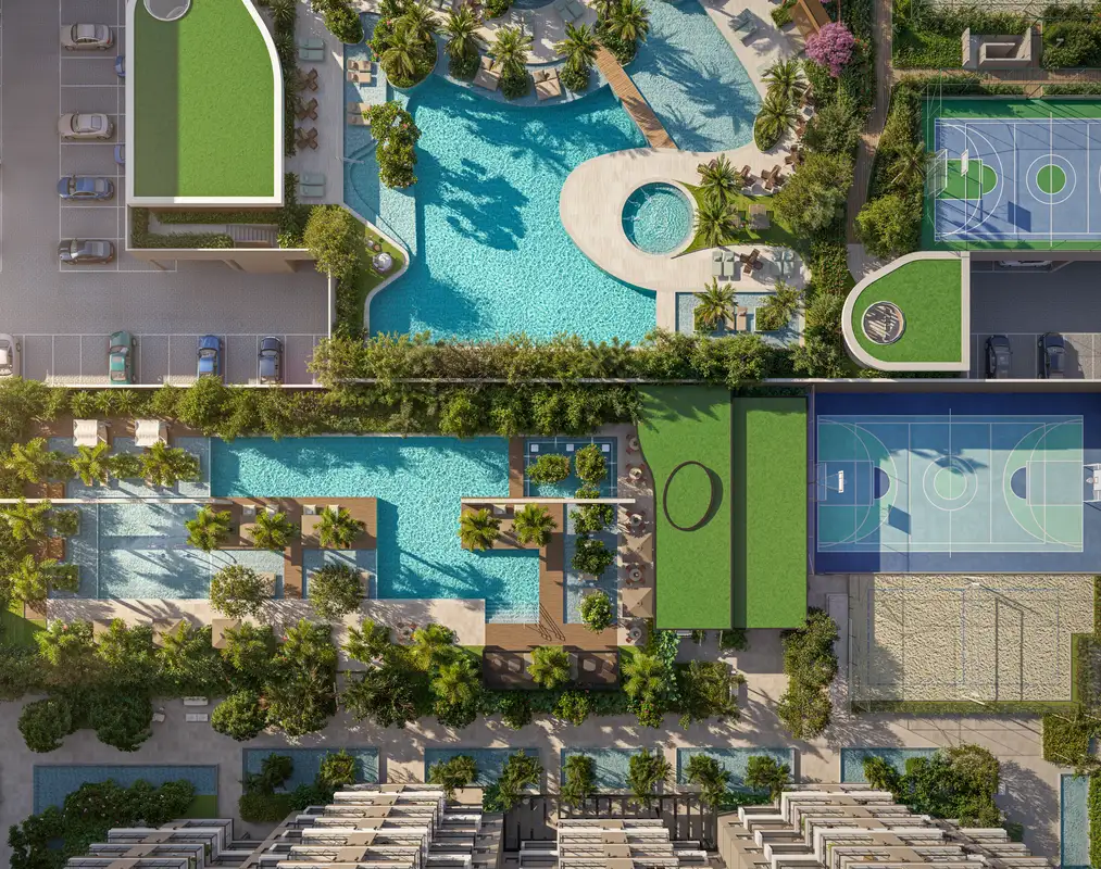 Ilustração artística da vista aérea do lazer do ON RESORT Cidade Jardim e parte do In The Park
