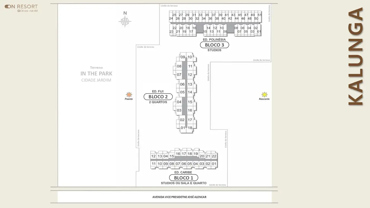 Masterplan oficial · implantação dos edifícios Caribe, Fiji e Polinésia