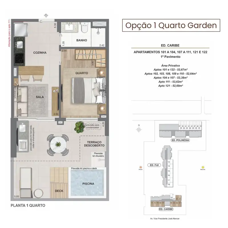 Planta oficial · opção 1 Quarto Garden, Ed. Caribe (Bloco 1), 52,64 a 53,67 m²