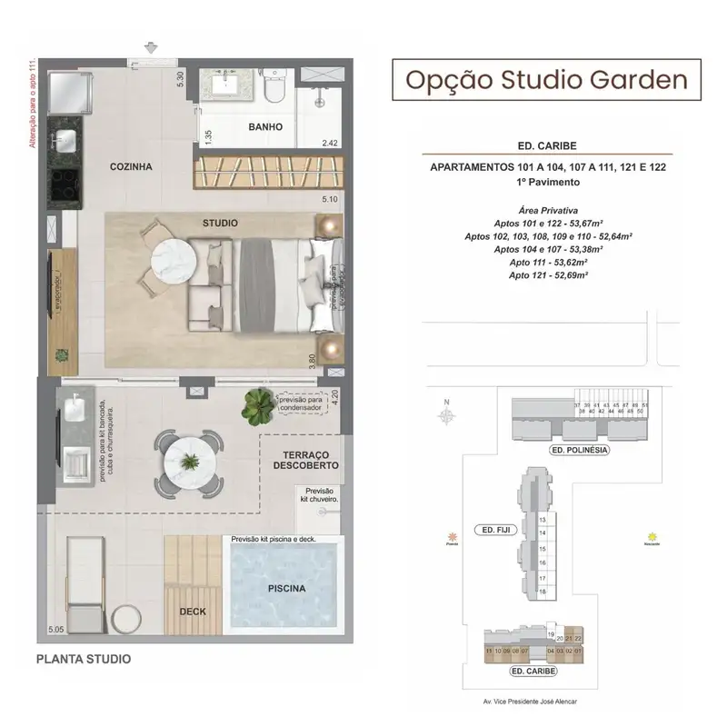 Planta oficial · opção Studio Garden, Ed. Caribe (Bloco 1), 52,64 a 53,67 m²
