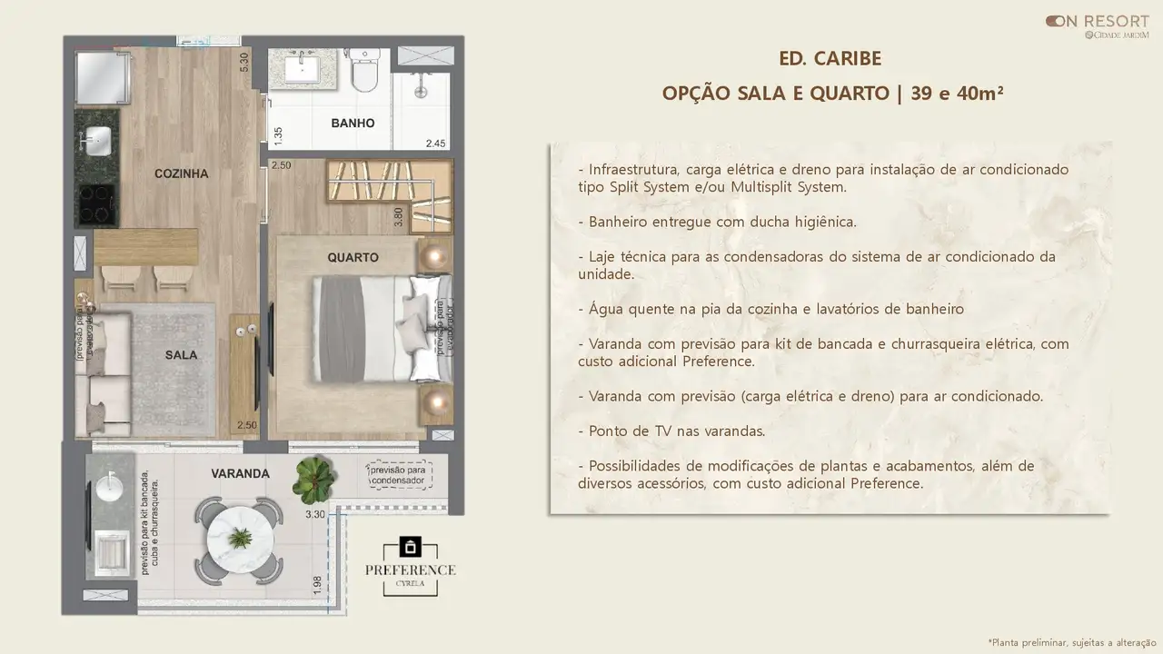 Planta oficial · opção Sala e Quarto, Ed. Caribe (Bloco 1), 39 e 40 m²
