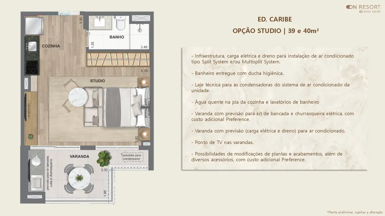Planta oficial · opção Studio, Ed. Caribe (Bloco 1), 39 e 40 m²
