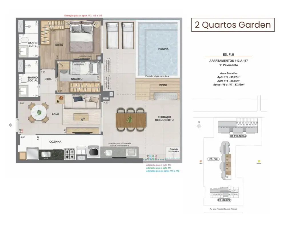 Planta oficial · 2 Quartos Garden, Ed. Fiji (Bloco 2), 87,83 a 90,07 m²