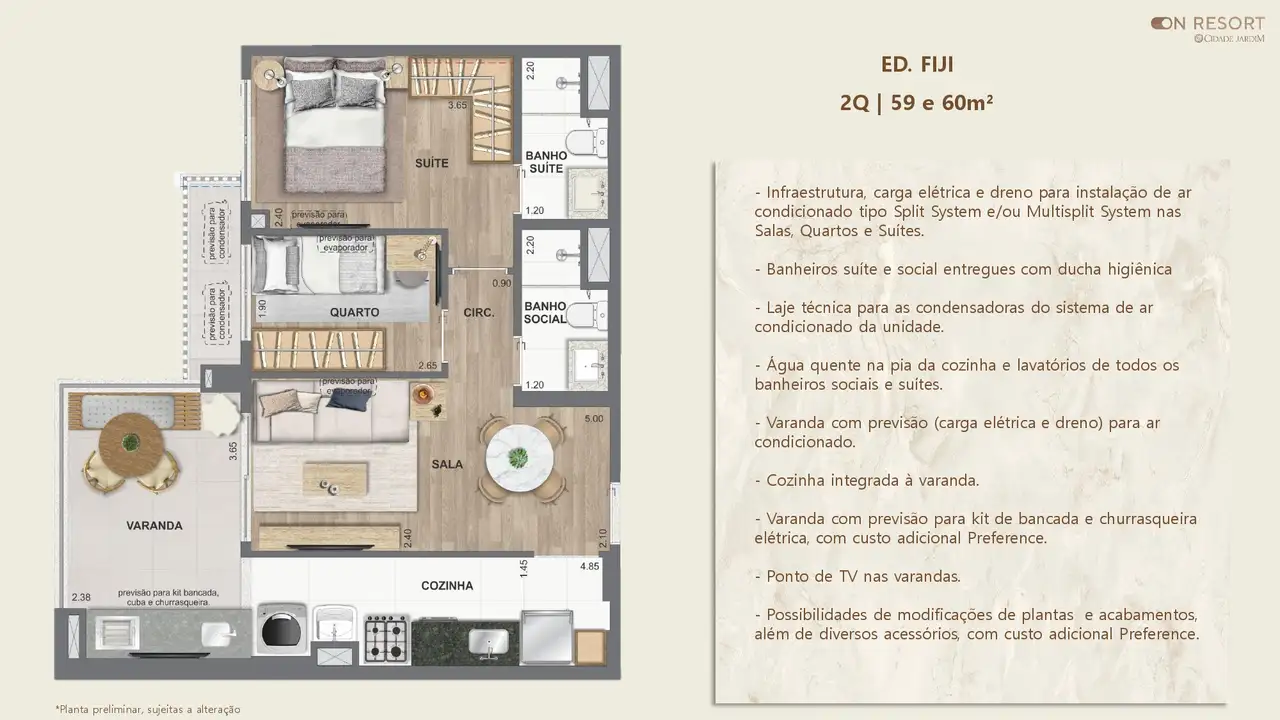 Planta oficial · 2 quartos, Ed. Fiji (Bloco 2), 59 e 60 m²