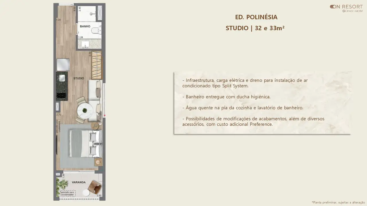 Planta oficial · Studio, Ed. Polinésia (Bloco 3), 32 e 33 m²