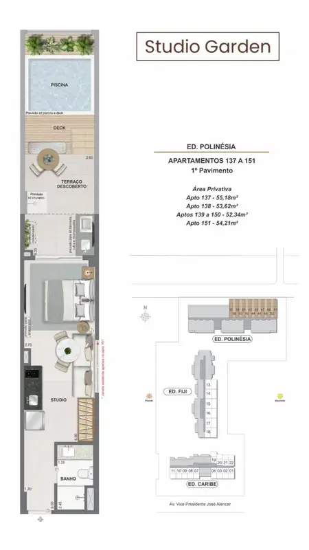 Planta oficial · Studio Garden, Ed. Polinésia (Bloco 3), 52,34 a 55,18 m²