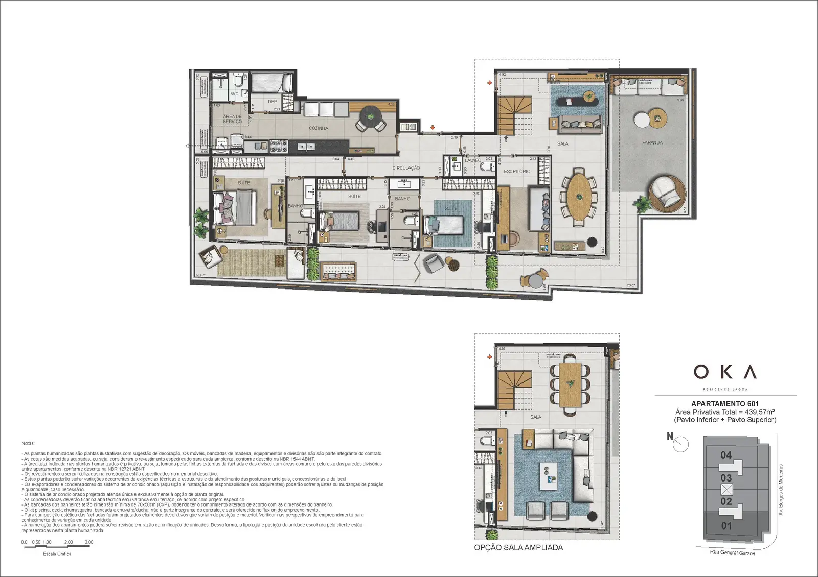 Planta ilustrativa · Cobertura Duplex Coluna 01, 439,57m² (pavimento inferior)