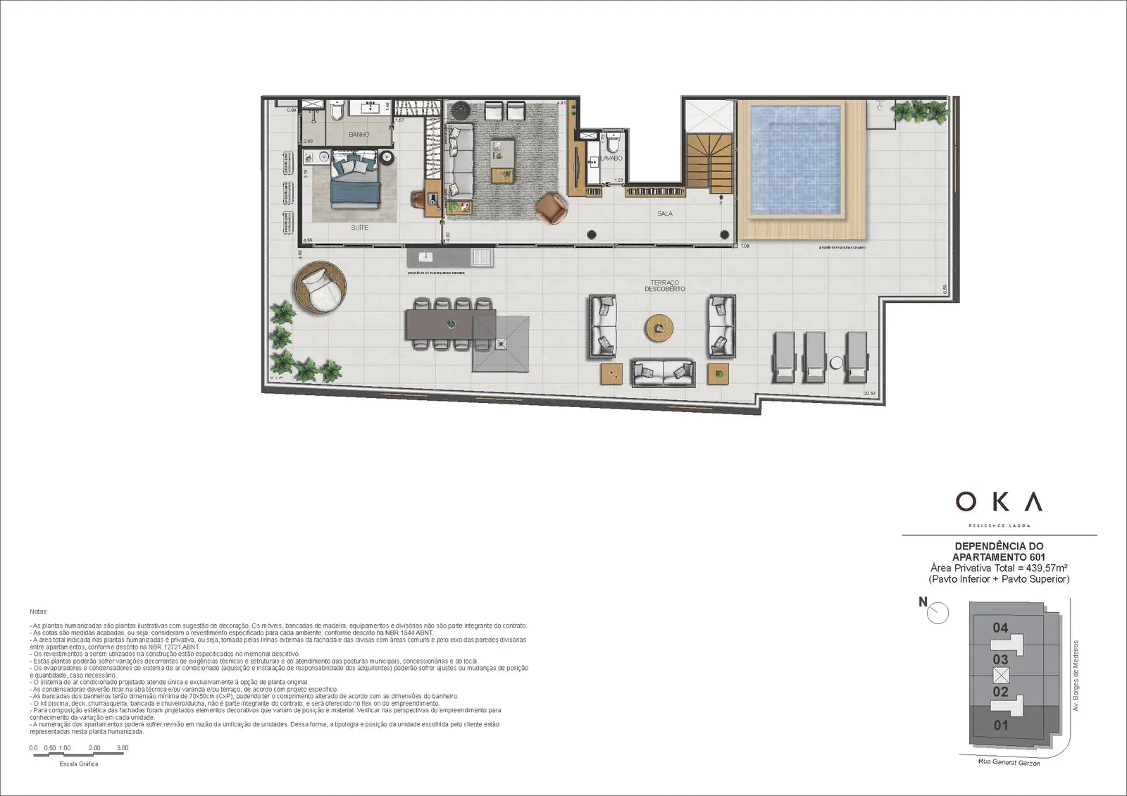 Planta ilustrativa · Cobertura Duplex Coluna 01, 439,57m² (pavimento superior)