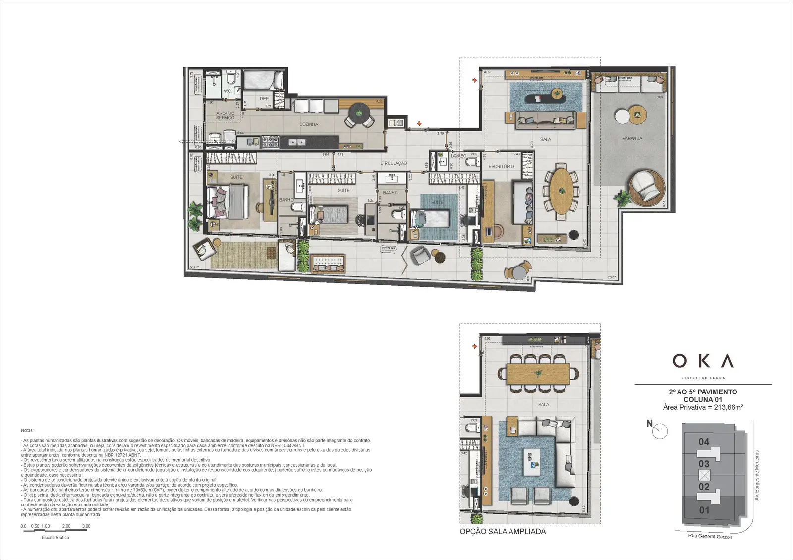 Planta ilustrativa · Tipo Coluna 01, 213,66m²