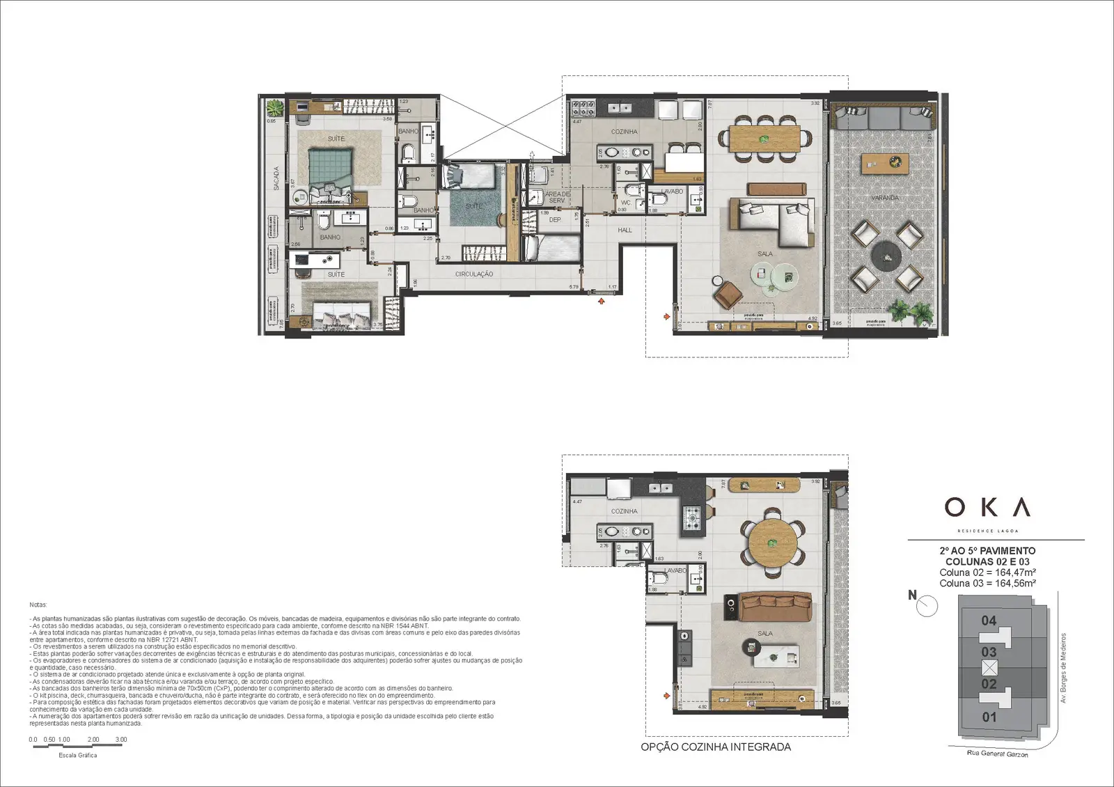 Planta ilustrativa · Tipo Coluna 02 e 03, 164,47m²