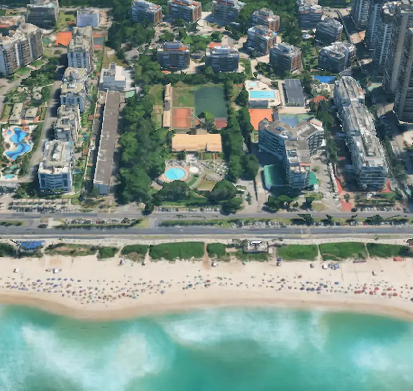 Vista aérea aproximada da estrutura atual do antigo Riviera Country Club, com piscinas e quadras de tênis
