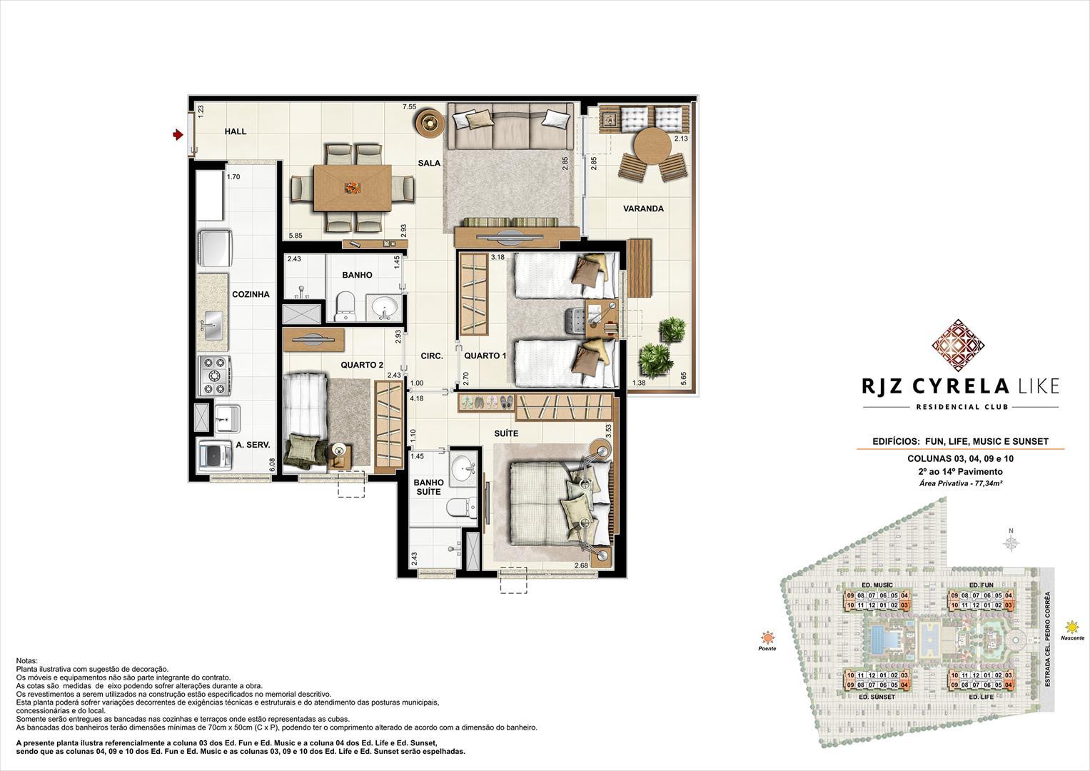 Planta de 3 quartos, 77,34 m²
