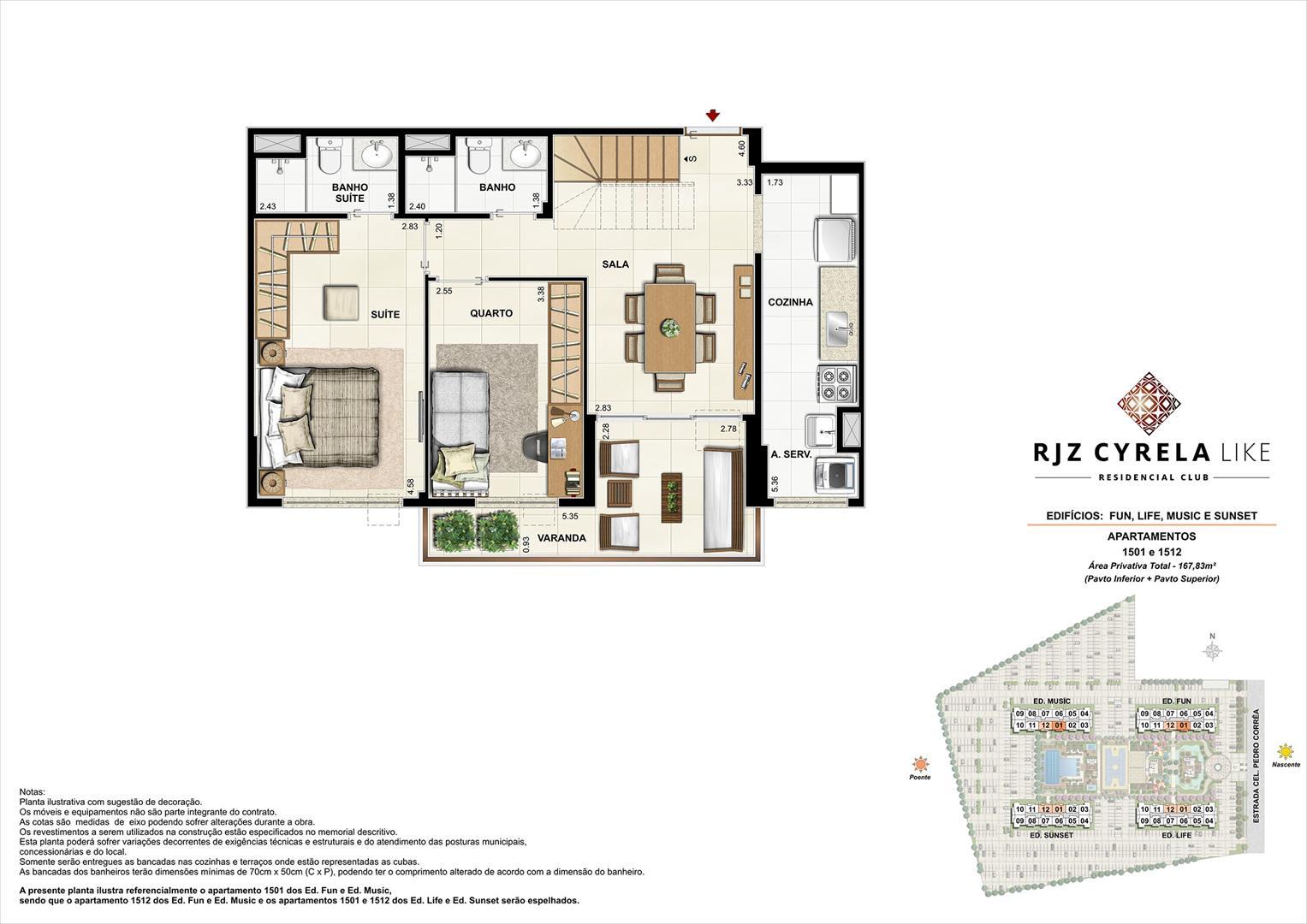 Cobertura duplex, pavimento inferior, 167,82 m²
