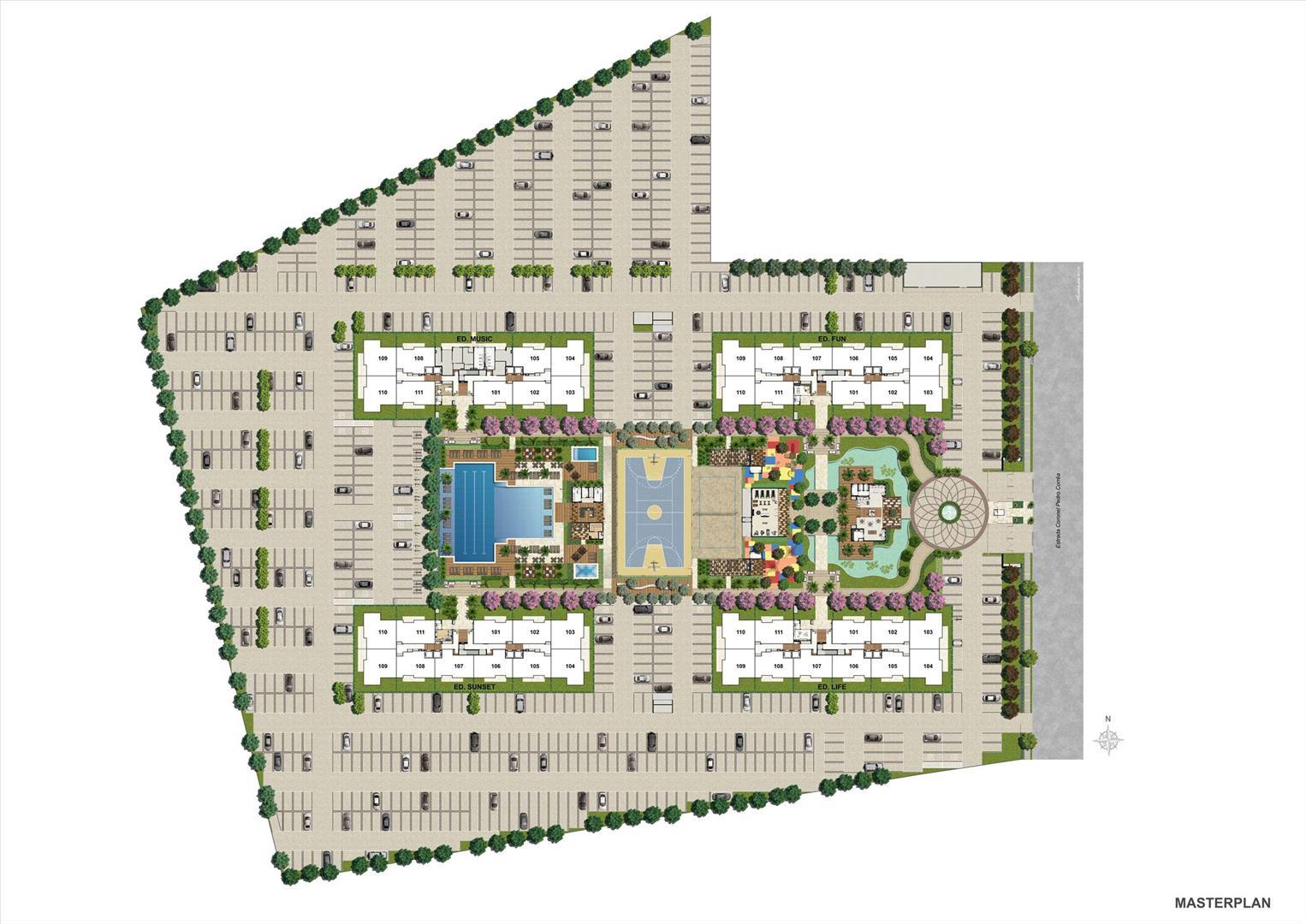 Masterplan do RJZ Cyrela Like, com os edifícios Fun, Music, Sunset e Life