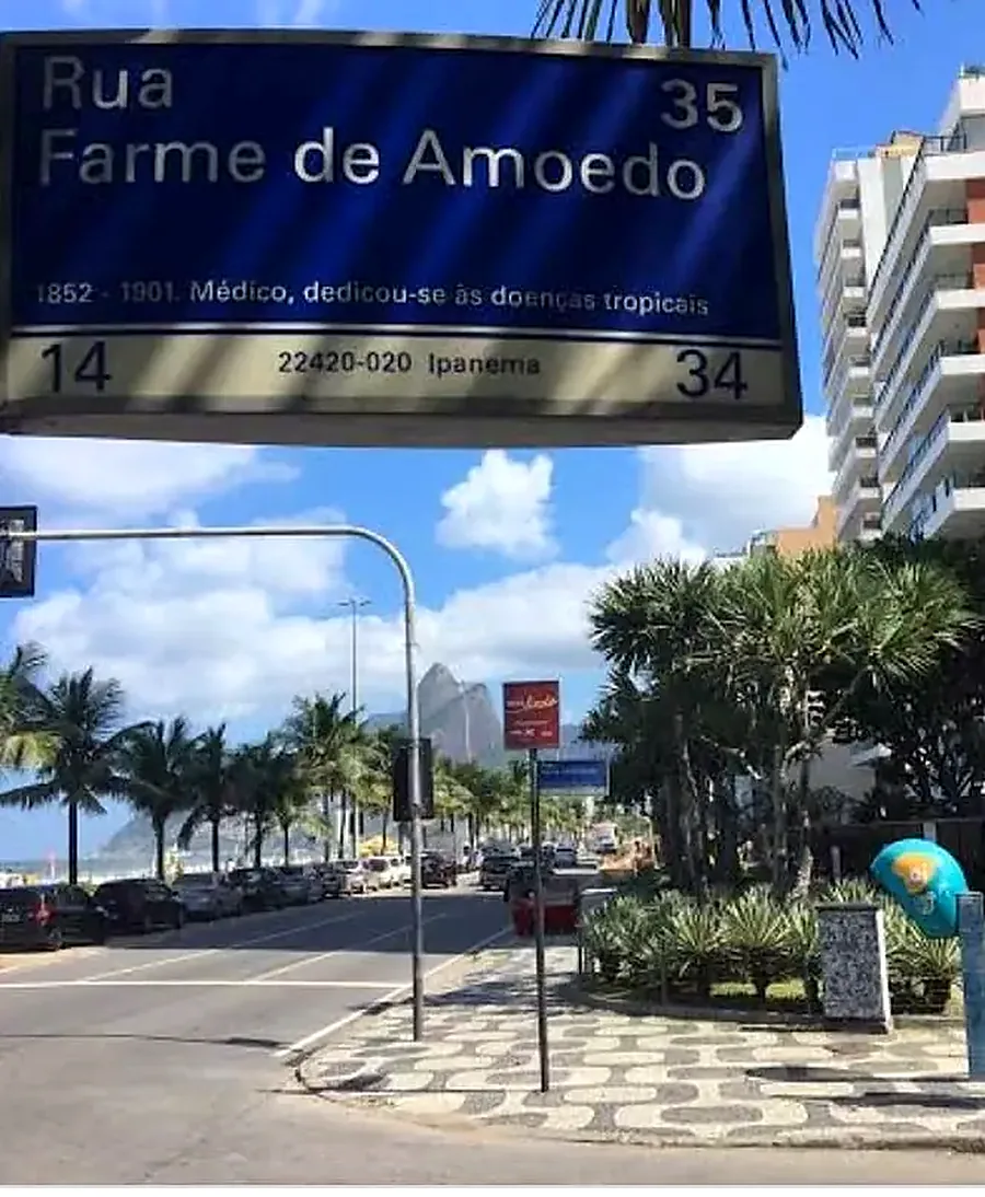 Placa da Rua Farme de Amoedo, com a faixa de numeração 14 a 34, Ipanema