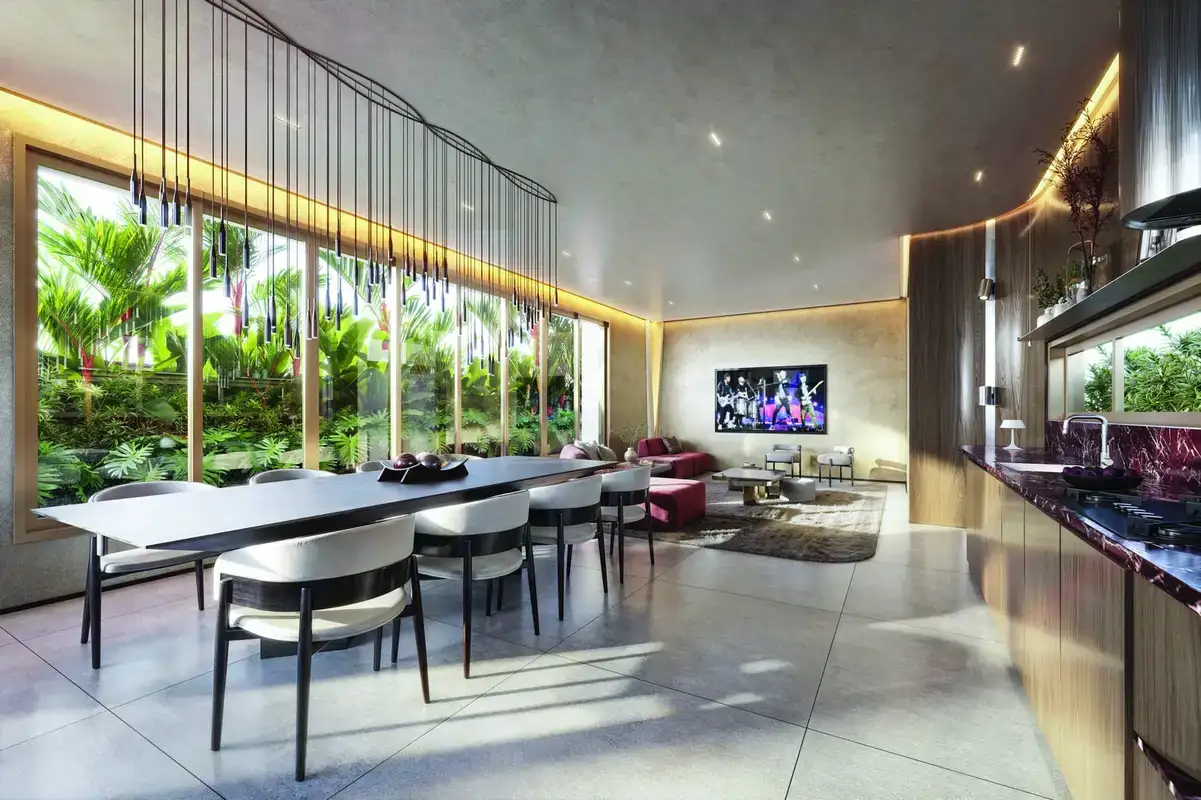 Apartamento decorado · jantar com vista para o jardim