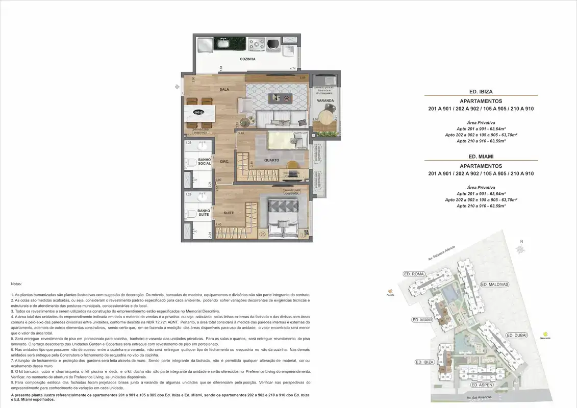 Planta ilustrativa · 2 quartos · 63,64 a 63,70 m² · Ed. Ibiza e Ed. Miami