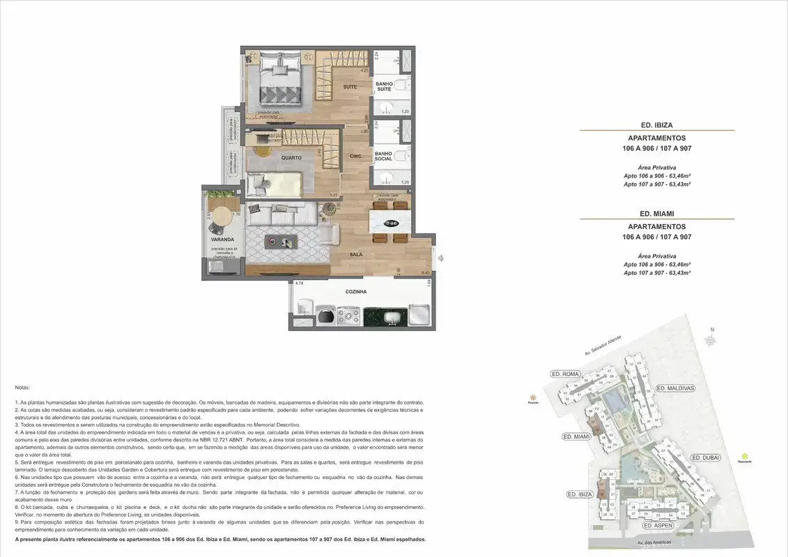 Planta ilustrativa · 2 quartos · 63,43 a 63,46 m² · Ed. Ibiza e Ed. Miami