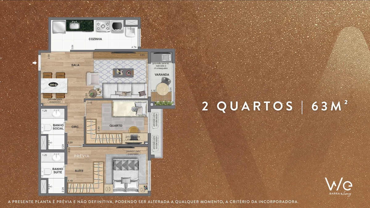 Planta ilustrativa · 2 quartos 63m²