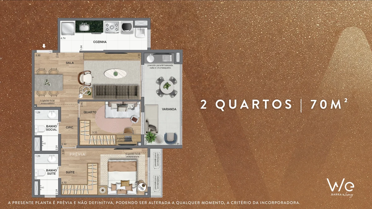 Planta ilustrativa · 2 quartos 70m²