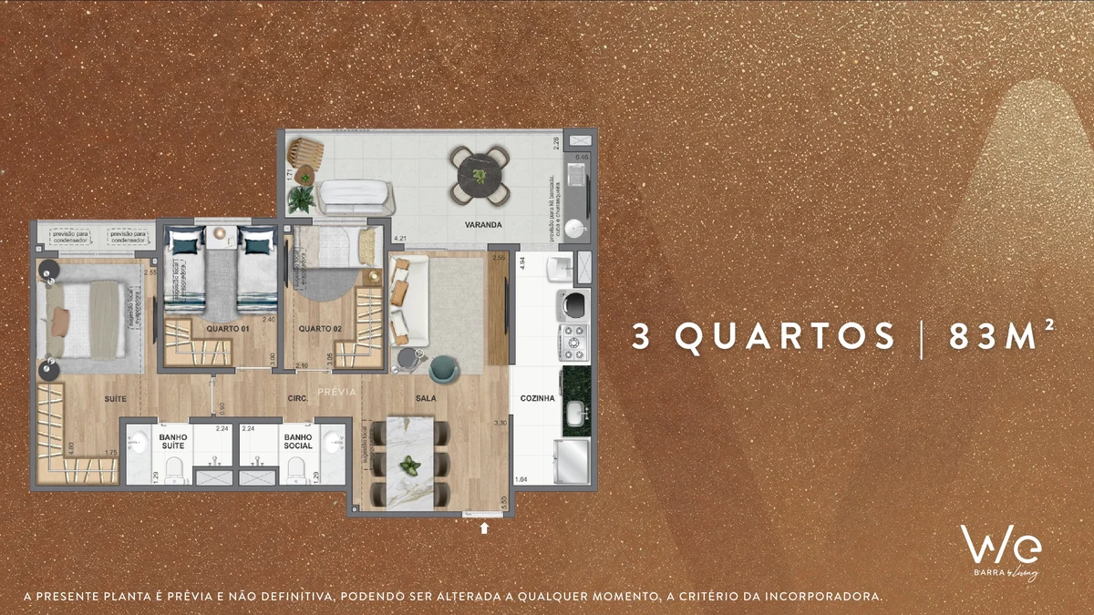 Planta ilustrativa · 3 quartos 83m²