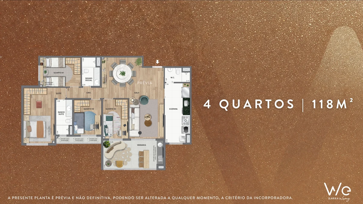 Planta ilustrativa · 4 quartos 118m²
