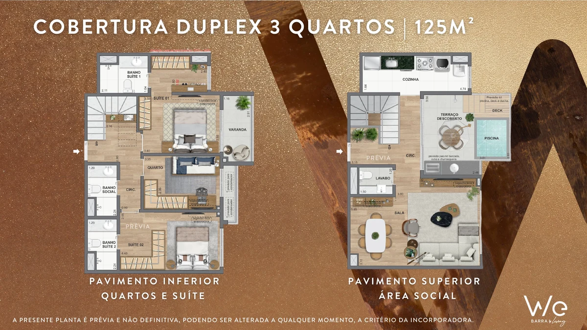 Planta ilustrativa · Cobertura duplex 3 quartos 125m² v1