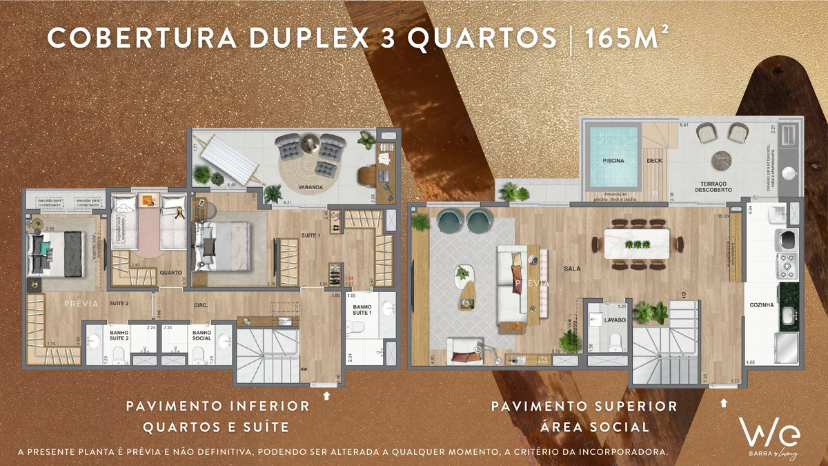 Planta ilustrativa · Cobertura duplex 3 quartos 165m²