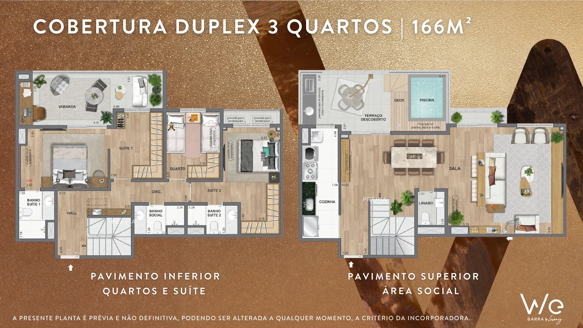 Planta ilustrativa · Cobertura duplex 3 quartos 166m² v1