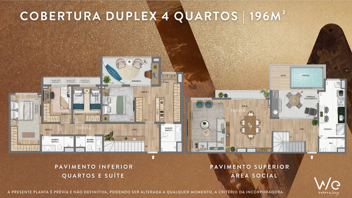 Planta ilustrativa · Cobertura duplex 4 quartos 196m²
