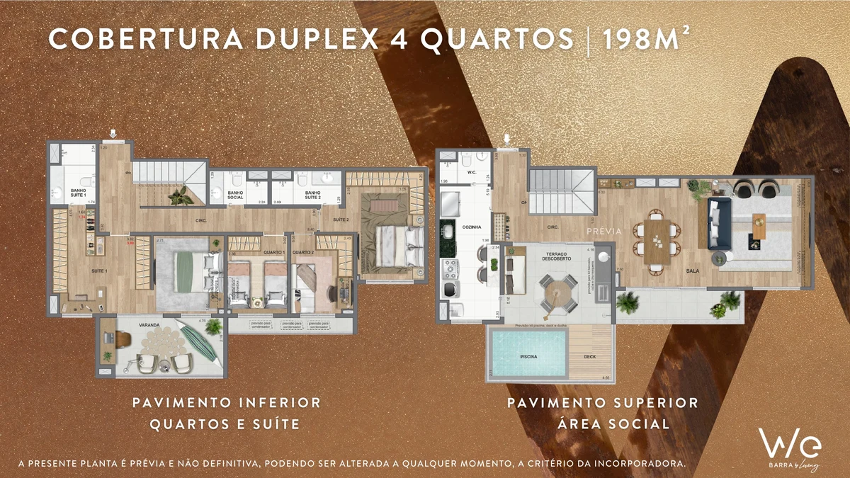 Planta ilustrativa · Cobertura duplex 4 quartos 198m² v1