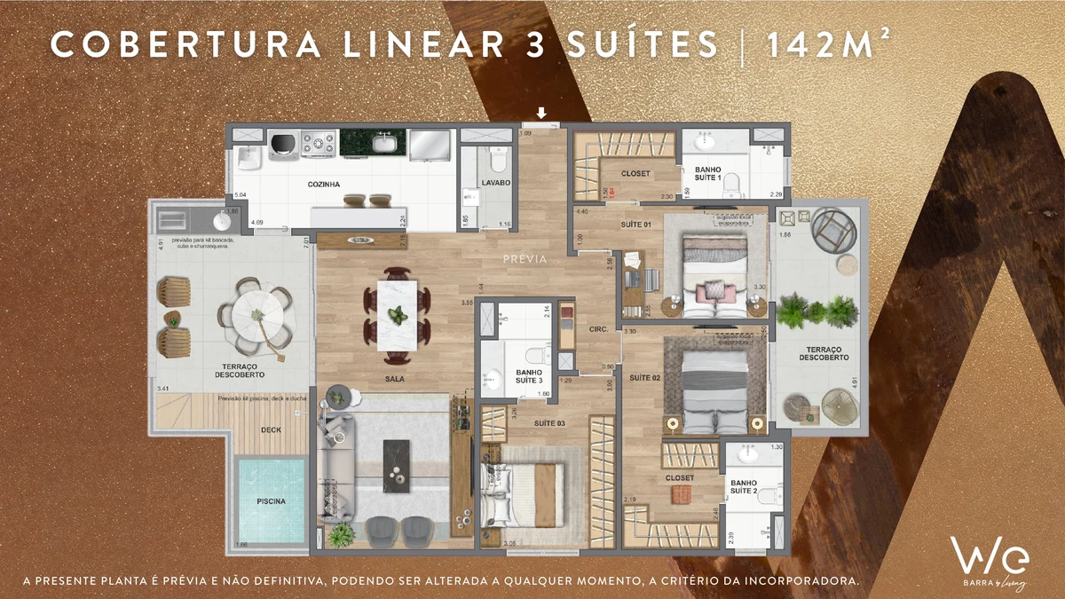 Planta ilustrativa · Cobertura linear 3 suítes 142m²