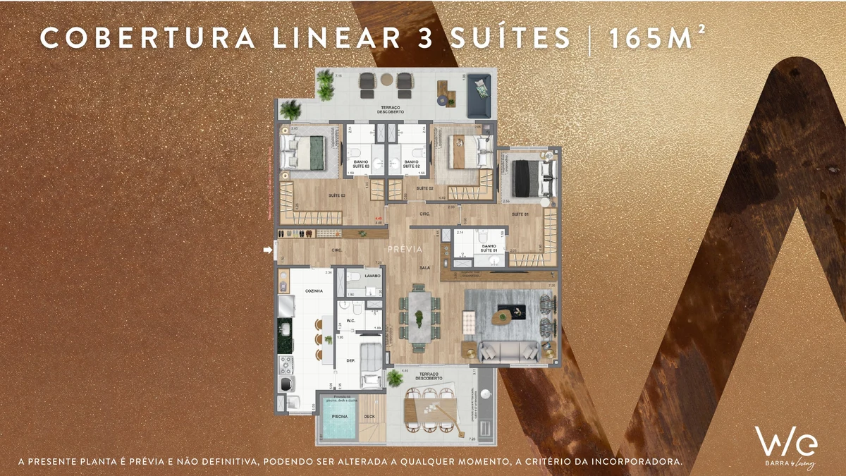 Planta ilustrativa · Cobertura linear 3 suítes 165m²