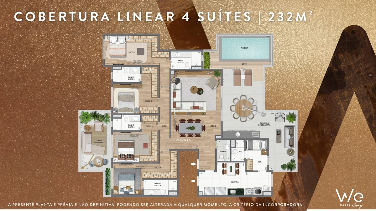 Planta ilustrativa · Cobertura linear 4 suítes 232m²