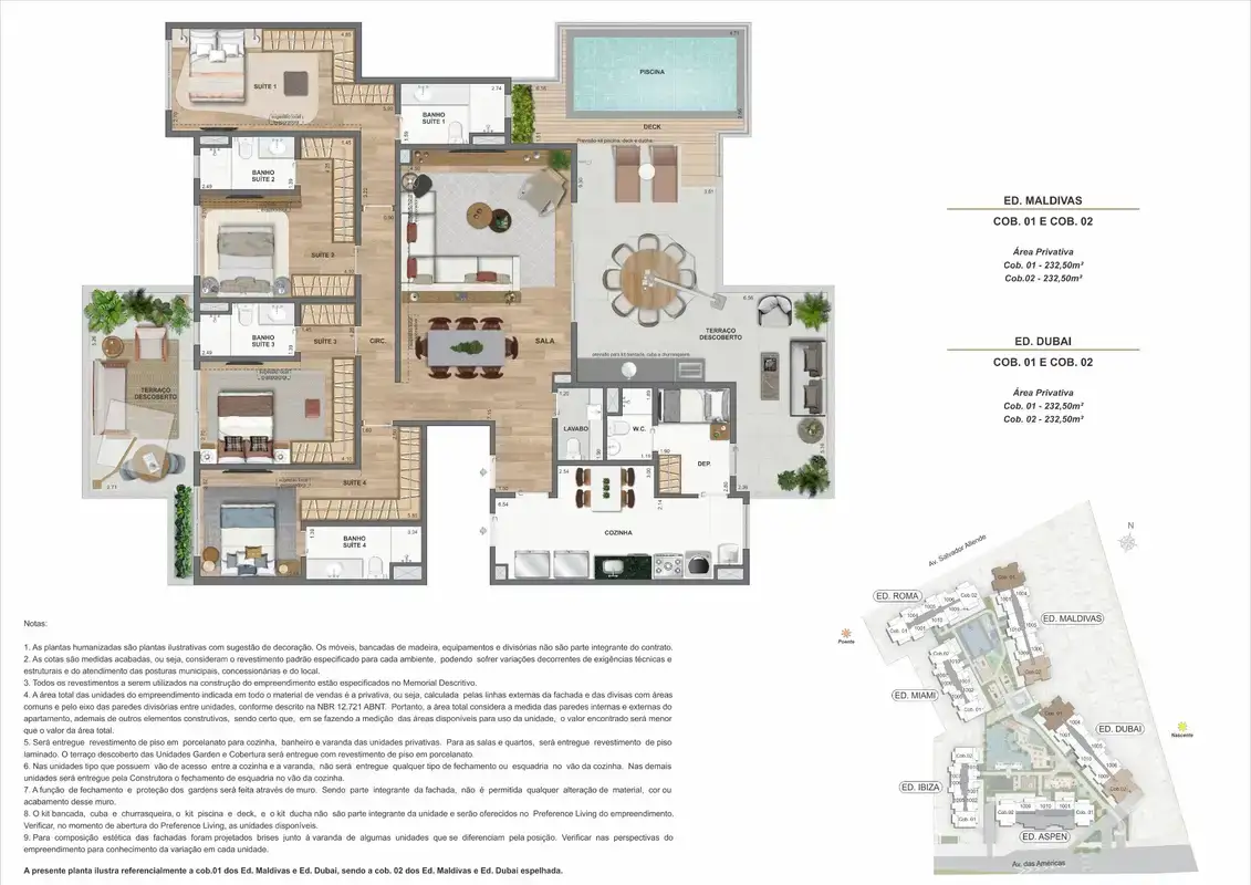 Planta ilustrativa · Cobertura duplex com piscina · 232,50 m² · Ed. Maldivas e Ed. Dubai