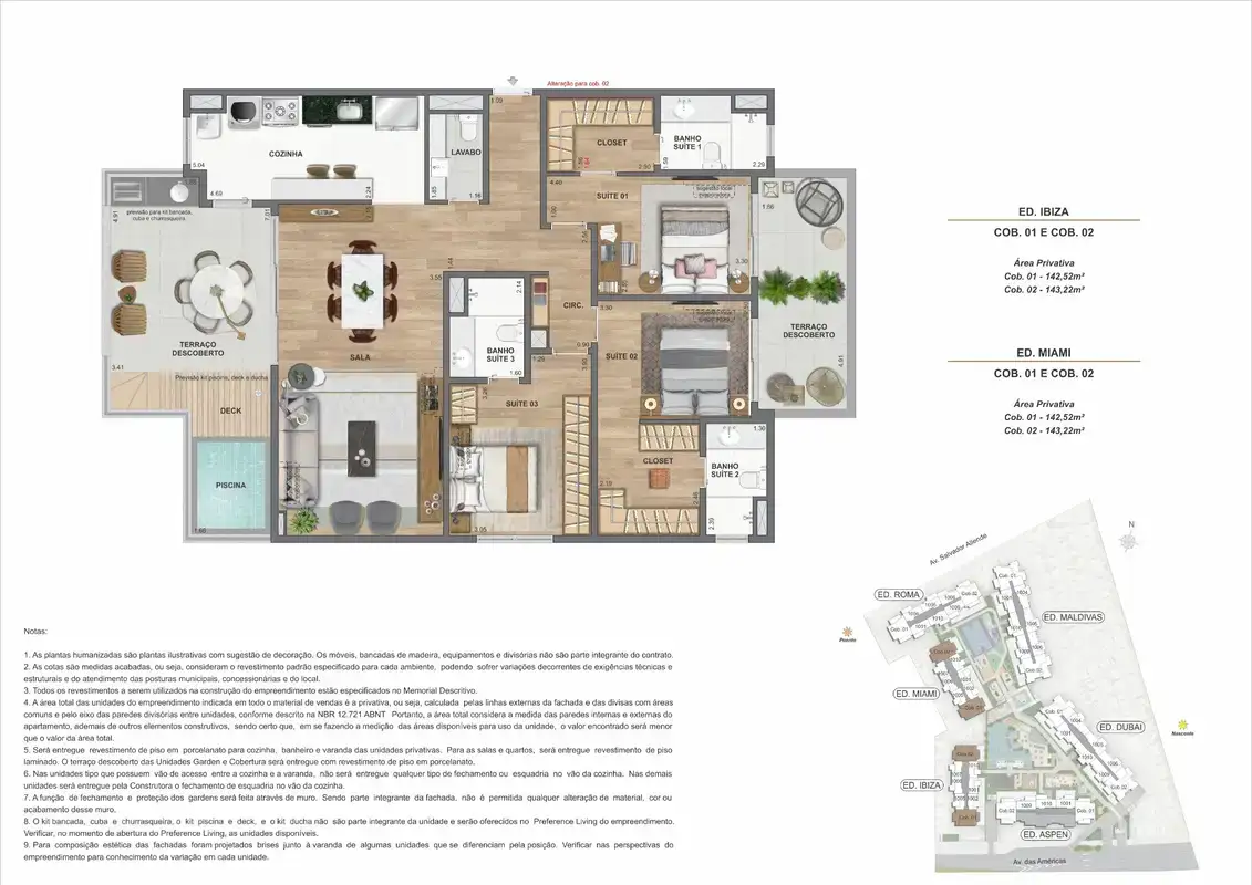 Planta ilustrativa · Cobertura 3 suítes · 142,52 a 143,22 m² · Ed. Ibiza e Ed. Miami