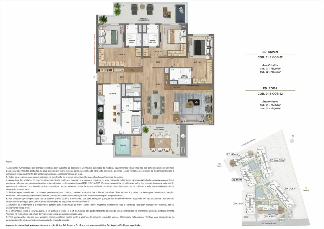 Planta ilustrativa · Cobertura duplex · 164,58 a 165,45 m² · Ed. Aspen e Ed. Roma