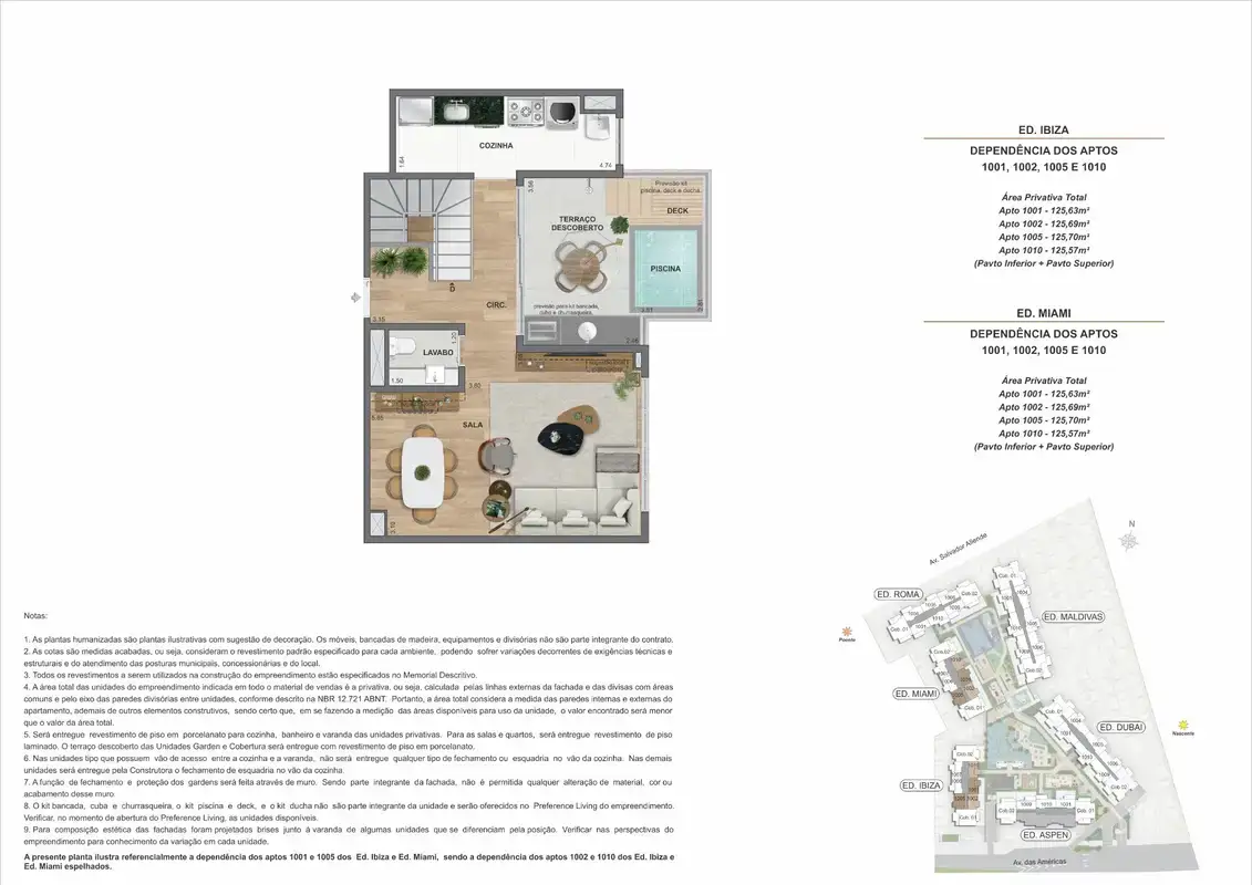 Planta ilustrativa · Cobertura duplex (pavimento inferior) · 125,63 a 135,57 m² · Ed. Ibiza e Ed. Miami