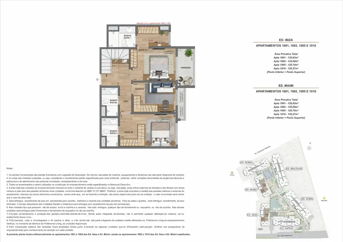 Planta ilustrativa · Cobertura duplex (pavimento superior) · 125,63 a 135,57 m² · Ed. Ibiza e Ed. Miami