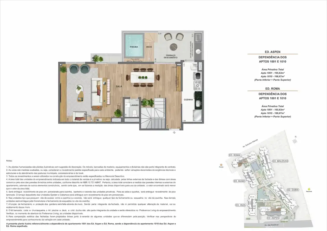 Planta ilustrativa · Cobertura duplex (pavimento inferior) · 165,63 a 166,67 m² · Ed. Aspen e Ed. Roma