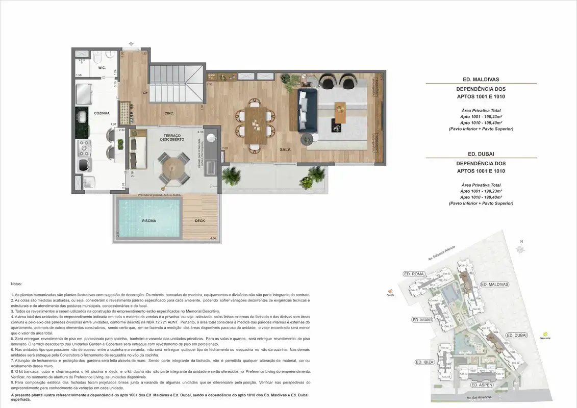 Planta ilustrativa · Cobertura duplex (pavimento inferior) · 198,23 a 199,40 m² · Ed. Maldivas e Ed. Dubai