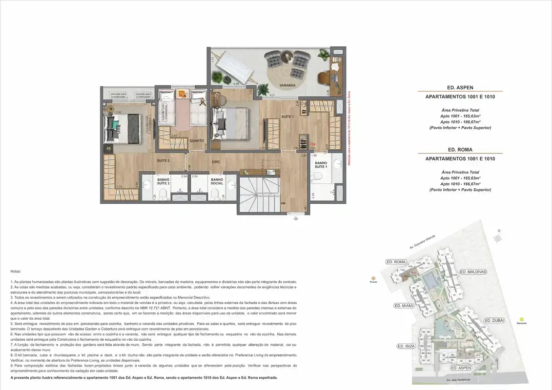Planta ilustrativa · Cobertura duplex (pavimento superior) · 165,63 a 166,67 m² · Ed. Aspen e Ed. Roma