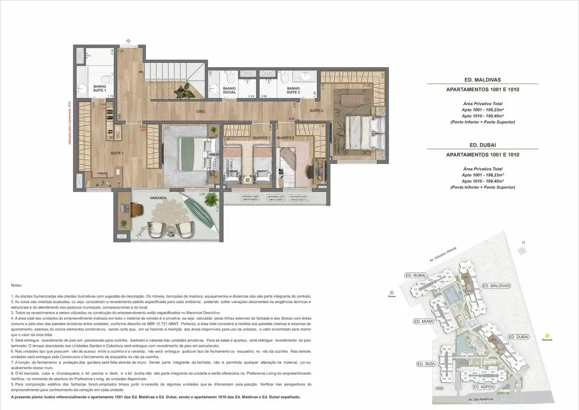 Planta ilustrativa · Cobertura duplex (pavimento superior) · 198,23 a 199,40 m² · Ed. Maldivas e Ed. Dubai