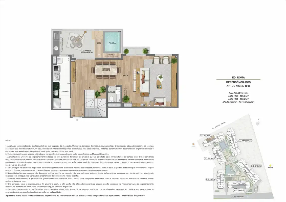 Planta ilustrativa · Cobertura duplex (pavimento inferior) · 168,21 a 168,94 m² · Ed. Roma