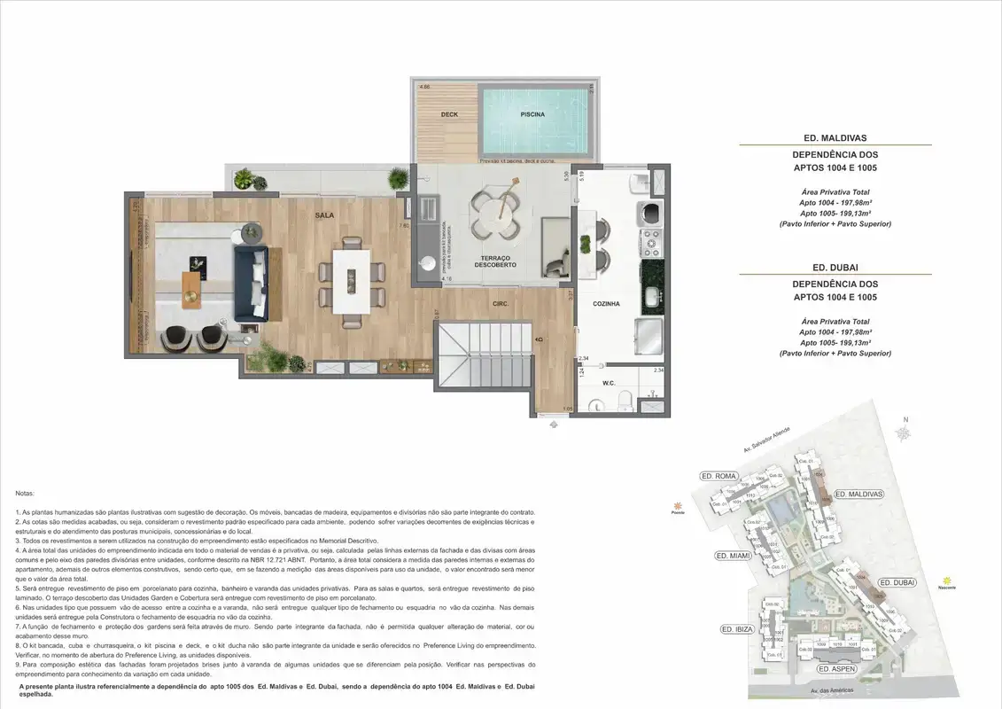 Planta ilustrativa · Cobertura duplex com piscina (pavimento inferior) · 197,98 a 199,13 m² · Ed. Maldivas e Ed. Dubai